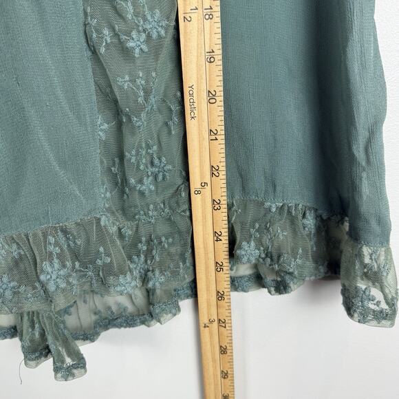 World Market Peasant Top S/M Green Blouse Lace Pleated Chiffon Ruffled Bohemian - Picture 8 of 8